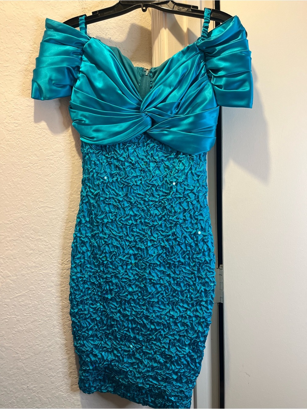 Vintage 1980s Bari-Jay Teal Sequin Off Shoulder Puff Sleeve Cocktail Dress